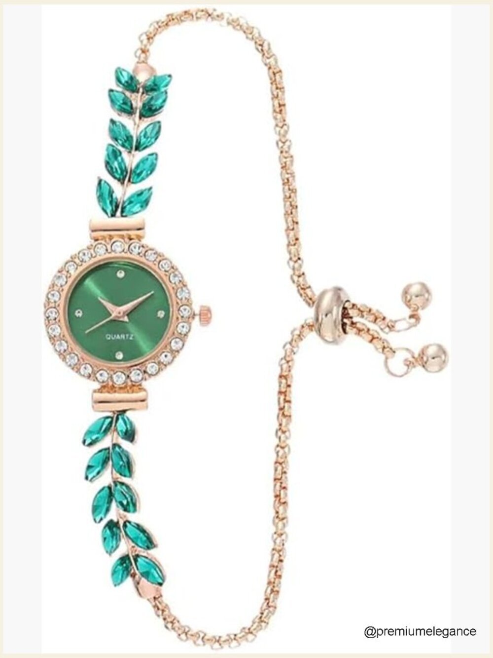 Elegant Luxury Wrist Watch with Gold Dial Rhinestones Green Leaf Band Slim